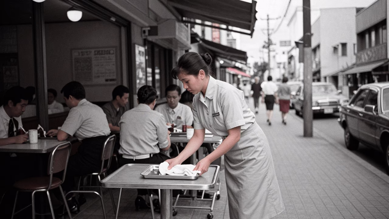 Vintage 1950s Osaka Street Scene with Diner Dish Towel and Grease Sheen in in Osaka, Japan