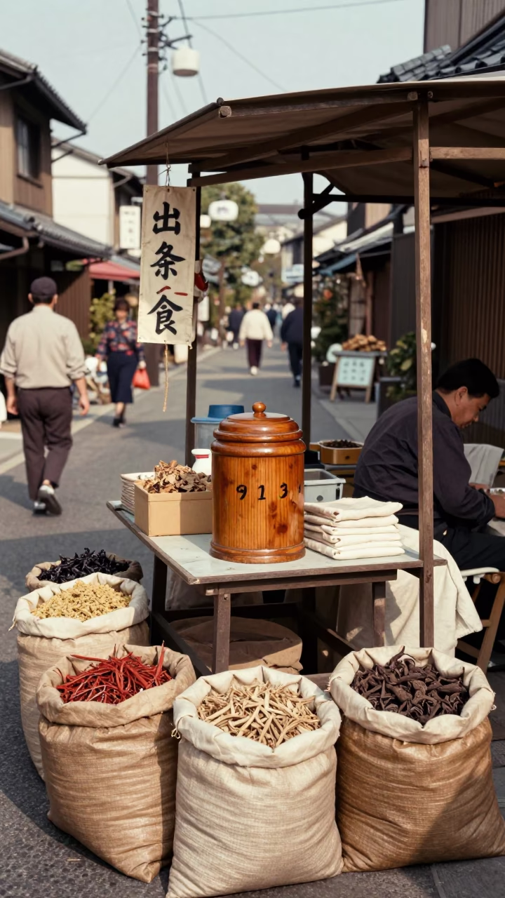 Vintage 1950s Osaka Street Scene with Spices and Daily Life in in Osaka, Japan