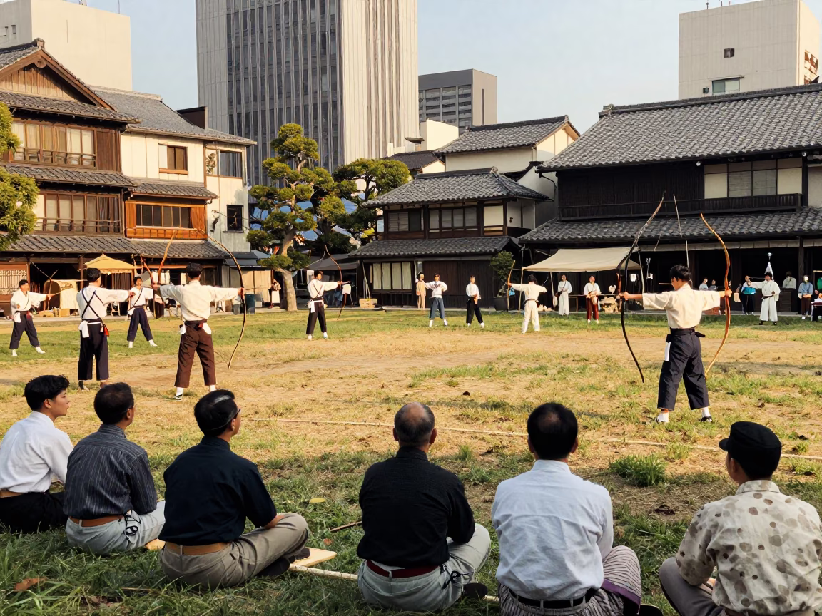 Vintage 1950s Osaka Street Scene with Traditional Archery Contest and Local Life in in Osaka, Japan