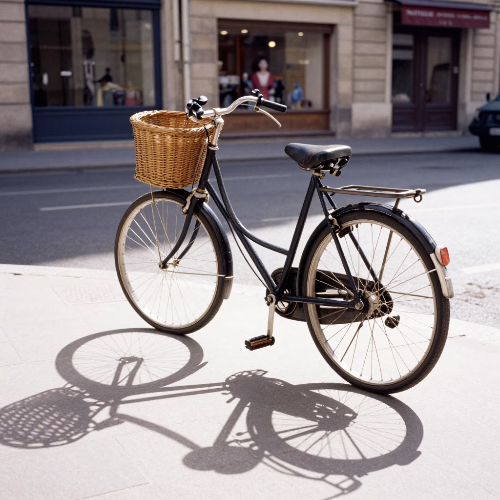 Vintage 1950s Paris Street Scene with Bicycle and Wicker Shadow in in Paris, France