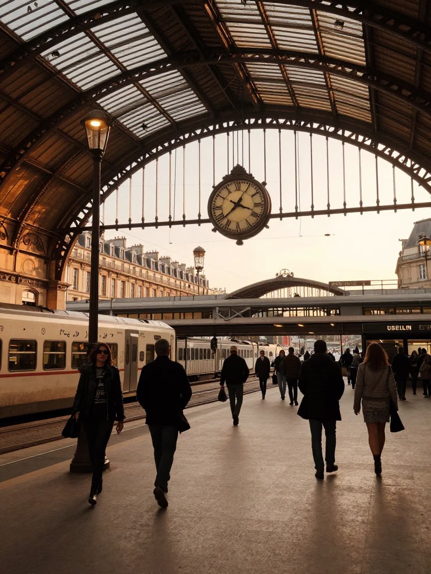 Vintage 1950s Parisian Street Scene with Train Station Clock and Iron Roof in in Paris, France