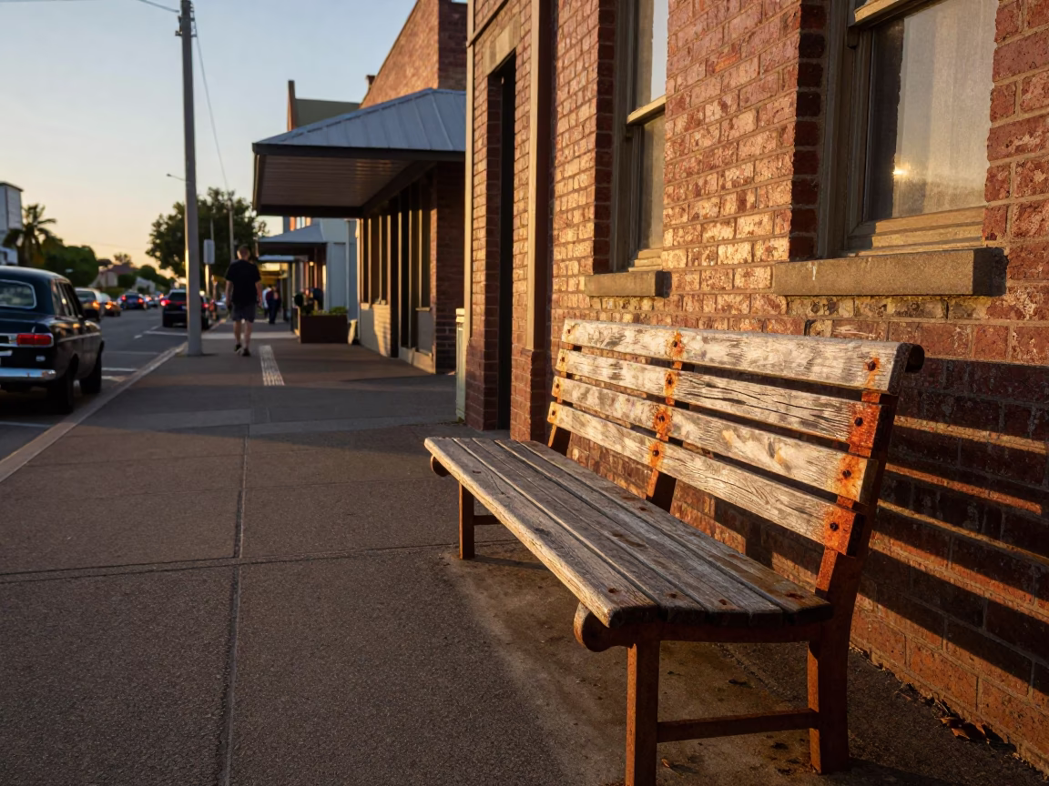 Vintage 1950s Perth Street Scene at Sunset with Rusty Bench and Coal Scuttle in in Perth, Western Australia, Australia