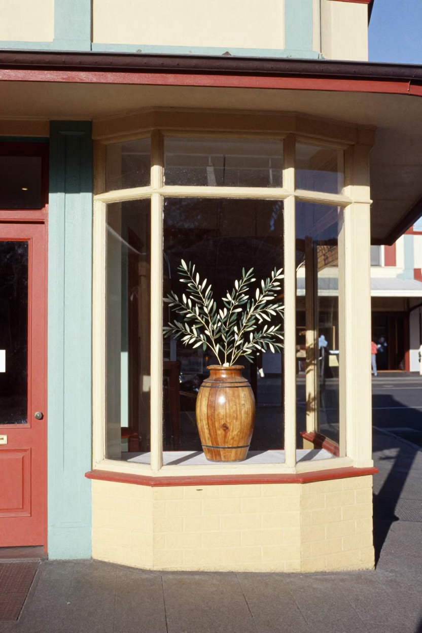 Vintage 1950s Perth Street Scene with Colorful Shop Display and Olive Branch in in Perth, Western Australia, Australia