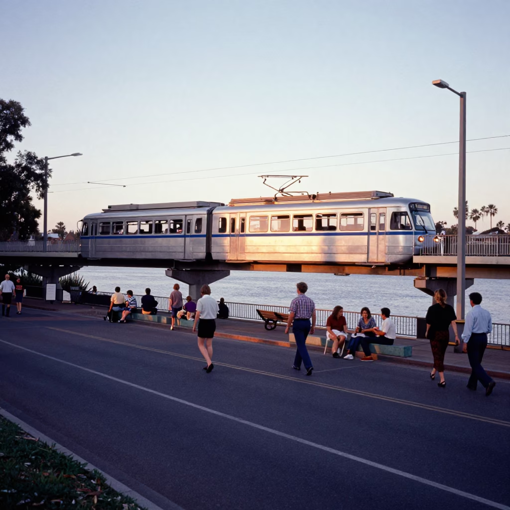 Vintage 1950s Perth Street Scene with Monorail and River at Early Evening Blue Hour in in Perth, Western Australia, Australia