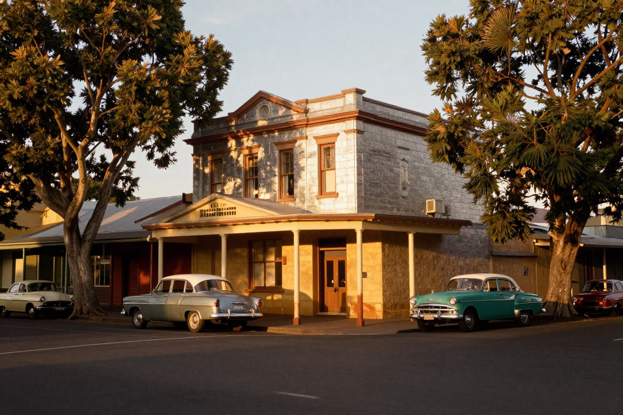 Vintage 1950s Perth Street Scene with Silver Sandstone Buildings and Evening Light in in Perth, Western Australia, Australia
