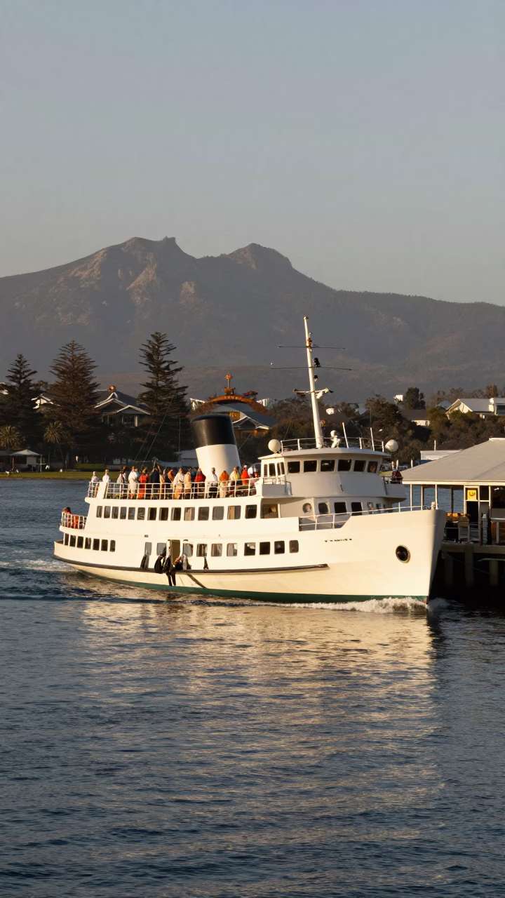 Vintage 1950s Perth Western Australia Ferry Departure from Fremantle Harbor with Mountain Backdrop in in Perth, Western Australia, Australia