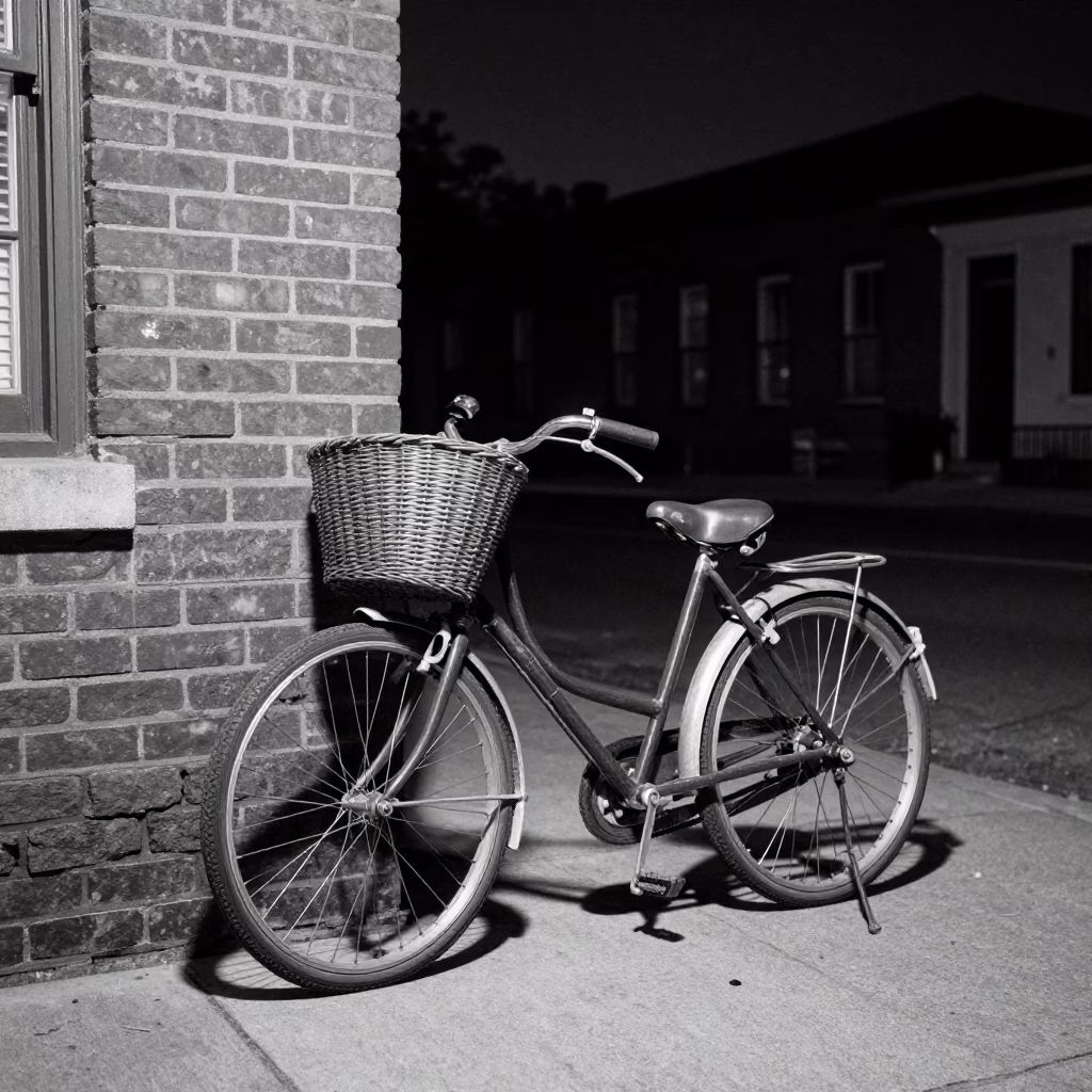 Vintage 1950s Philadelphia Night Street Scene with Bicycle Basket and Lantern Light in in Philadelphia, Pennsylvania, United States