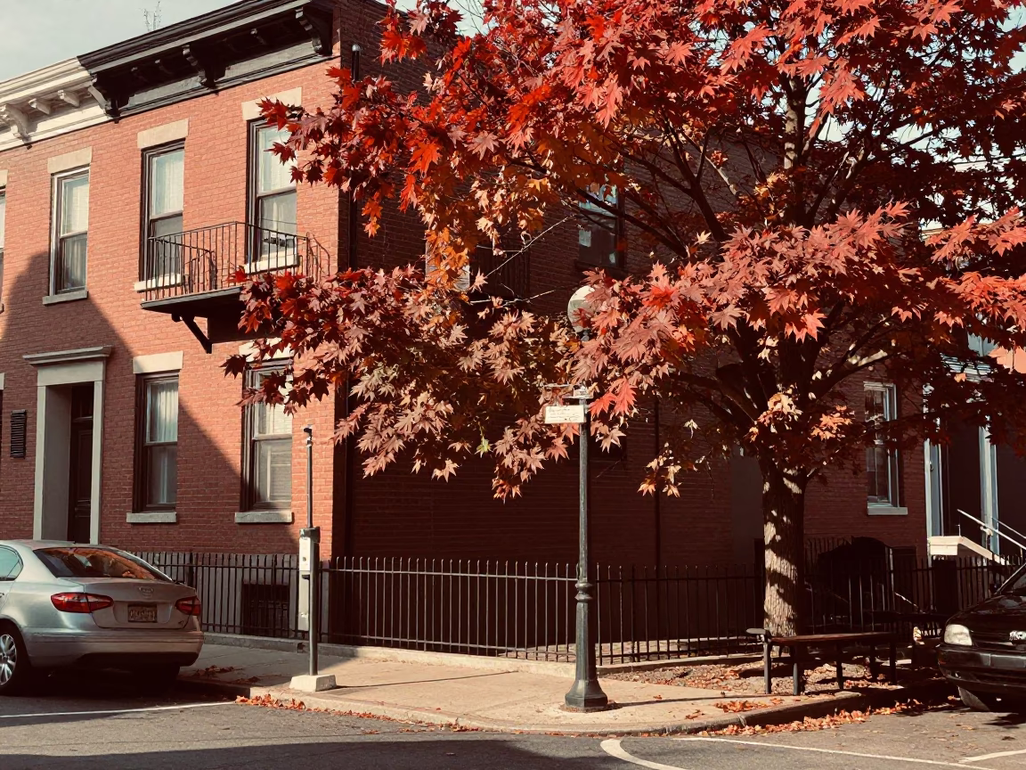 Vintage 1950s Philadelphia Street Corner with Japanese Maple and Metal Bucket in in Philadelphia, Pennsylvania, United States