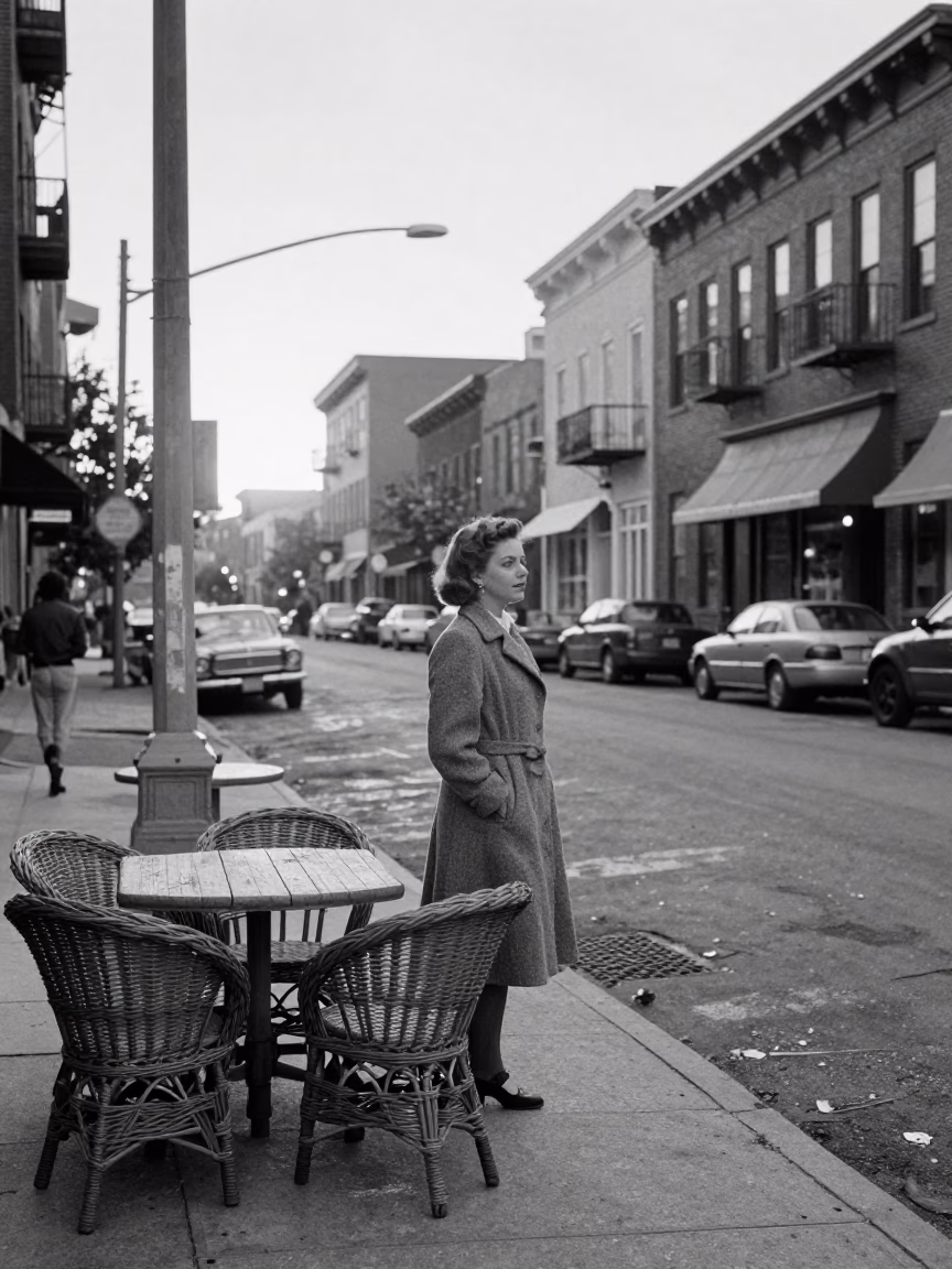 Vintage 1950s Philadelphia Street Scene Before Sunrise with Wicker Bag and Majolica Plate in in Philadelphia, Pennsylvania, United States