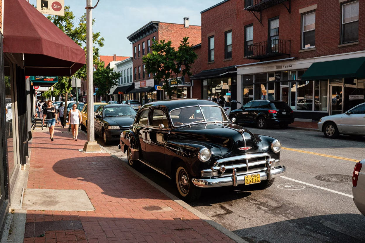 Vintage 1950s Philadelphia Street Scene with Classic Cars and Pedestrians in in Philadelphia, Pennsylvania, United States