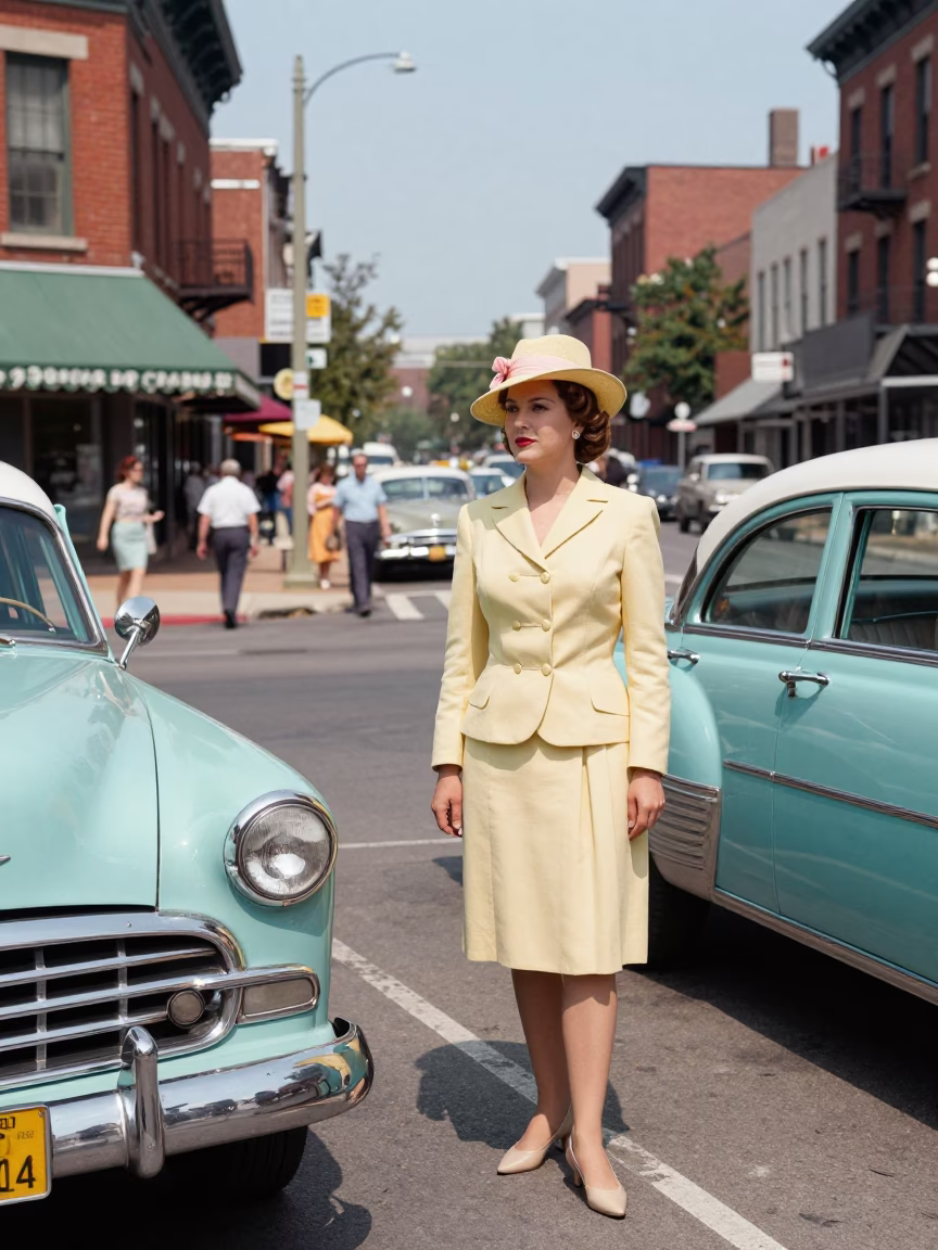 Vintage 1950s Philadelphia Street Scene with Colorful Fashion and Local Architecture in in Philadelphia, Pennsylvania, United States