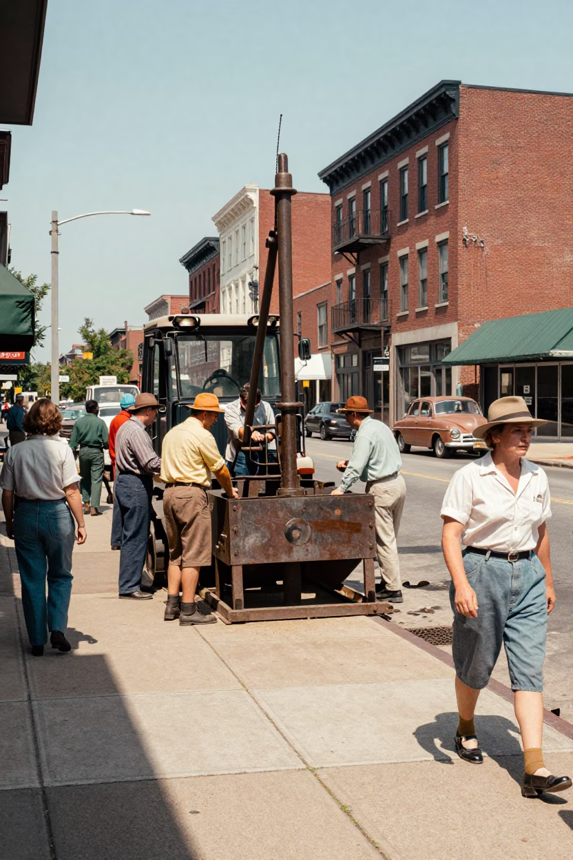 Vintage 1950s Philadelphia Street Scene with Construction Pile Driver and Urban Activity in in Philadelphia, Pennsylvania, United States