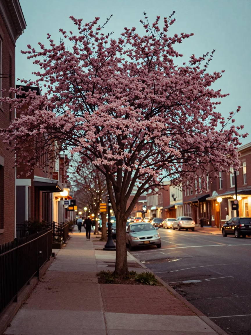 Vintage 1950s Philadelphia Street Scene with Dogwood Tree and City Lights in in Philadelphia, Pennsylvania, United States