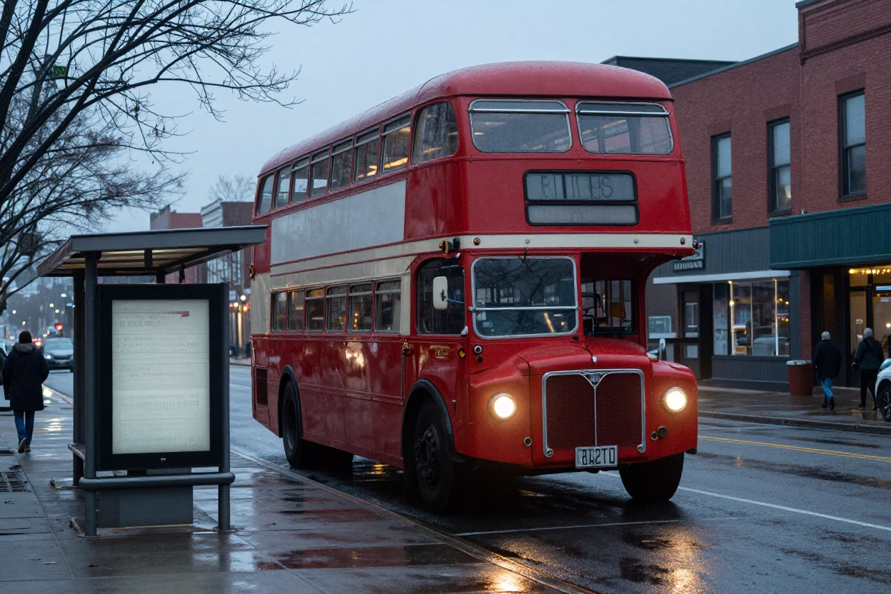 Vintage 1950s Philadelphia Street Scene with Double Decker Bus and Irish Setter at Dawn in in Philadelphia, Pennsylvania, United States