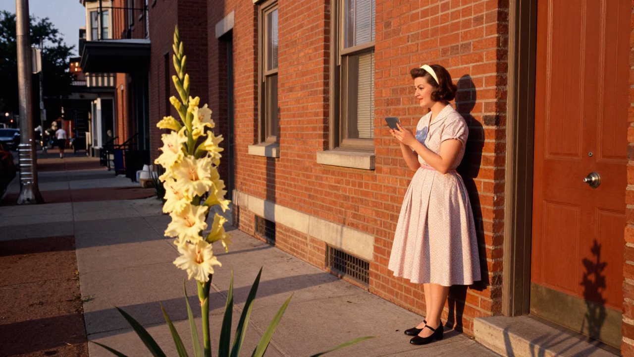 Vintage 1950s Philadelphia Street Scene with Gladiolus Spike in Honeyed Evening Light in in Philadelphia, Pennsylvania, United States