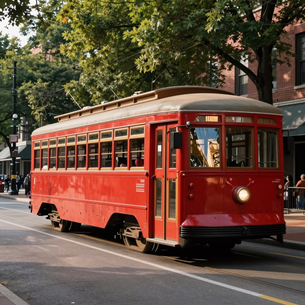 Vintage 1950s Philadelphia Street Scene with Old Trolley and Tree Lined Avenue in in Philadelphia, Pennsylvania, United States