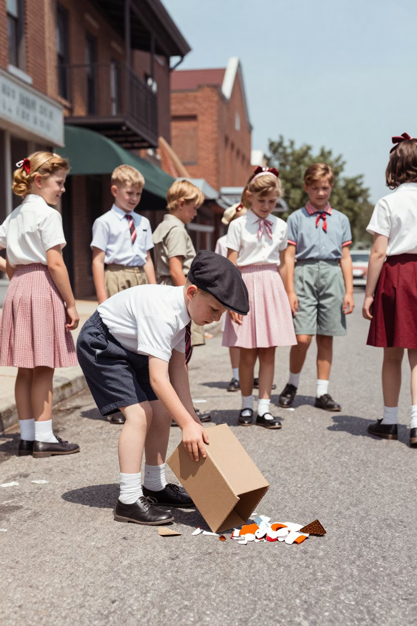 Vintage 1950s Philadelphia Street Scene with Schoolchildren and Spilled Shoebox on Cobblestone in in Philadelphia, Pennsylvania, United States