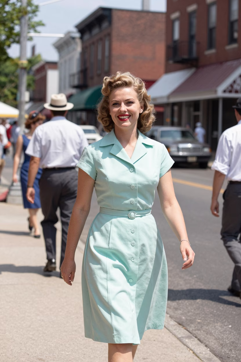 Vintage 1950s Philadelphia Street Scene with Smiling Woman Holding Pearl Necklace and Measuring Cups in in Philadelphia, Pennsylvania, United States