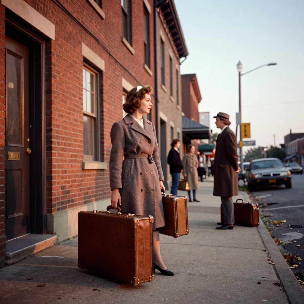 Vintage 1950s Philadelphia Street Scene with Suitcases and Honeyed Evening Light in in Philadelphia, Pennsylvania, United States