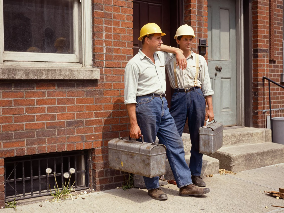 Vintage 1950s Philadelphia Street Scene with Toolbox and Dandelion Seed Head in in Philadelphia, Pennsylvania, United States