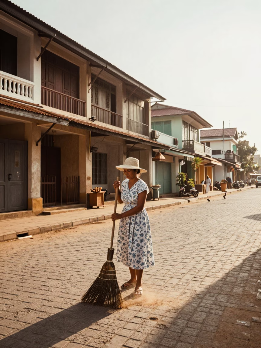 Vintage 1950s Phnom Penh Street Life with Hand Broom and Morning Light in in Phnom Penh, Cambodia
