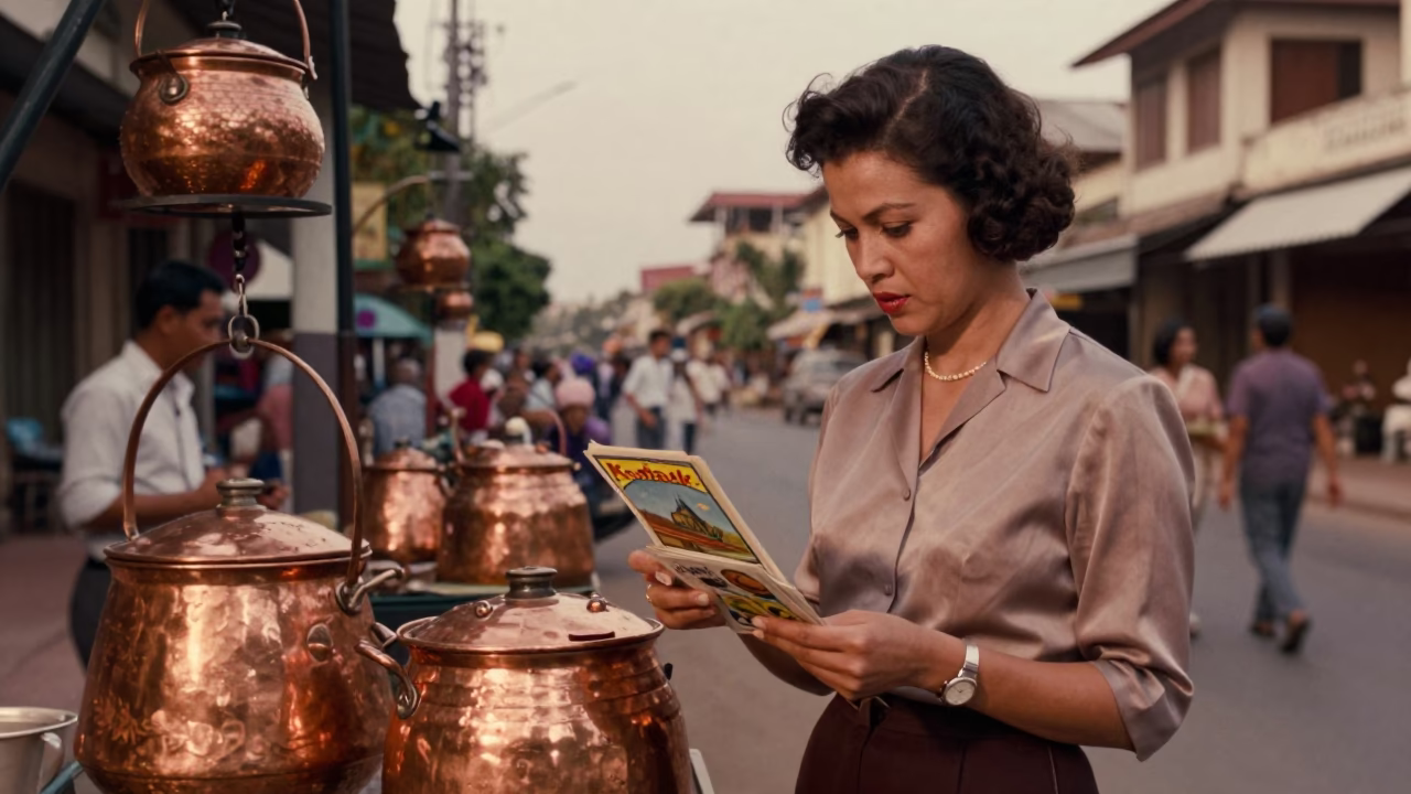 Vintage 1950s Phnom Penh Street Scene Copper Pots and Postcards Before Dusk in in Phnom Penh, Cambodia