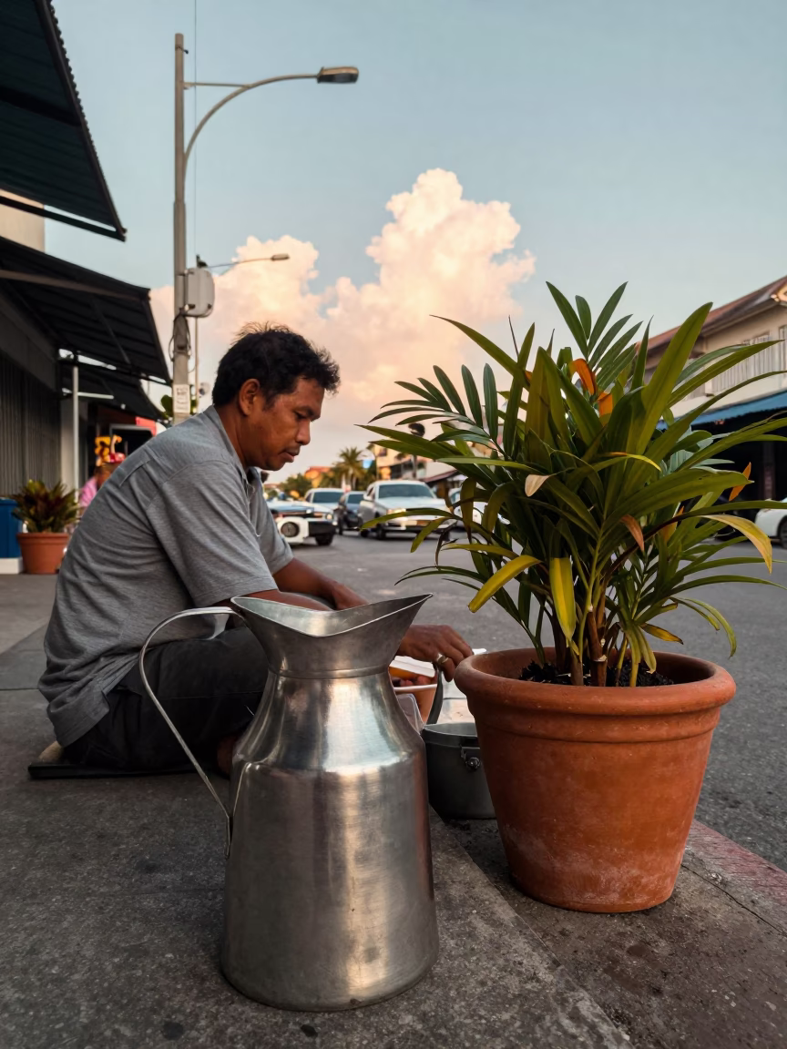 Vintage 1950s Phuket Street Scene with Brushed Steel Pitcher and Flowerpot at Sunset in in Phuket, Thailand