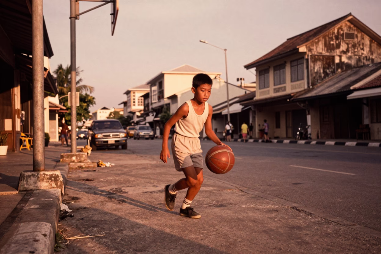 Vintage 1950s Phuket Street Scene with Old Leather Basketball and Copper Dusk Light in in Phuket, Thailand