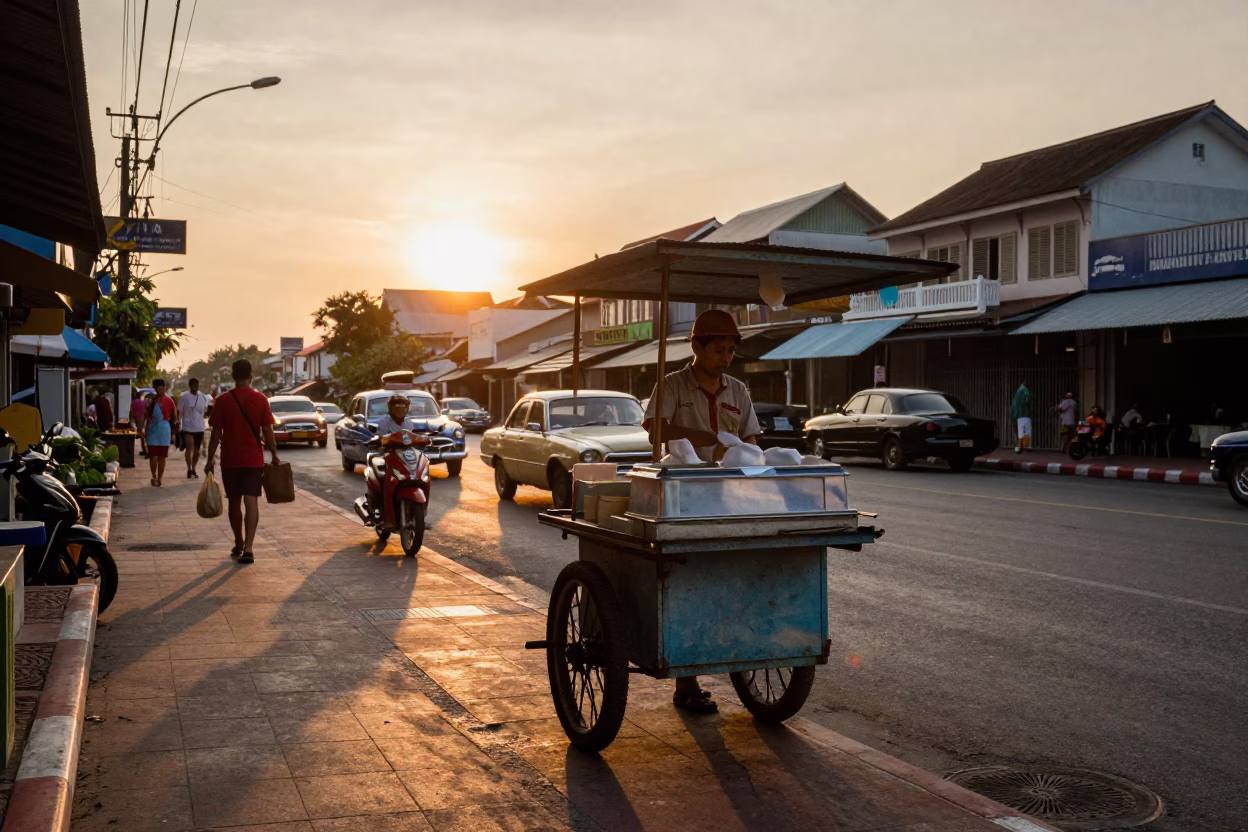 Vintage 1950s Phuket Street Scene with Shaved Ice Vendor at Sunset in in Phuket, Thailand