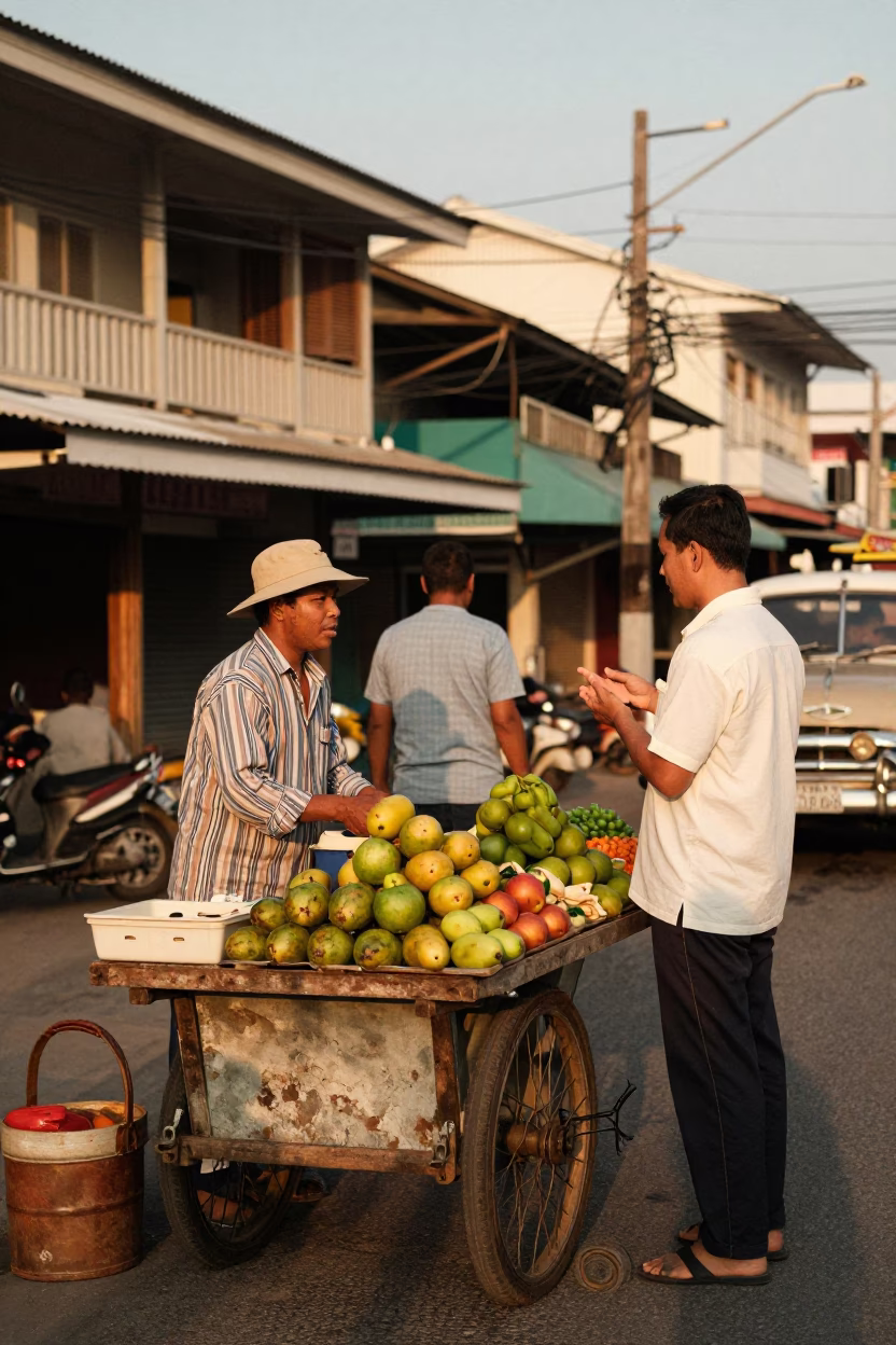 Vintage 1950s Phuket Thailand Street Scene with Local Vendor and Catamaran in in Phuket, Thailand