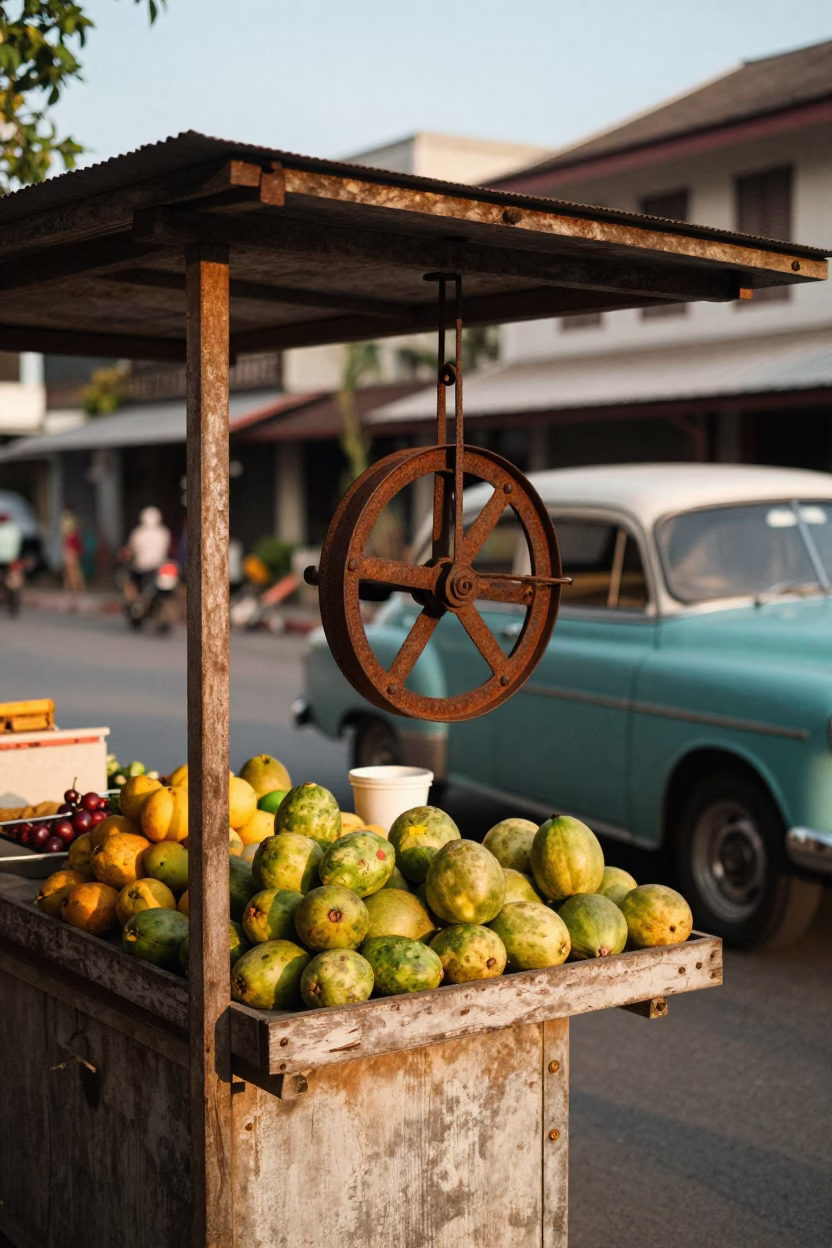 Vintage 1950s Phuket Thailand Street Scene with Rusty Pulley and Local Commerce in in Phuket, Thailand
