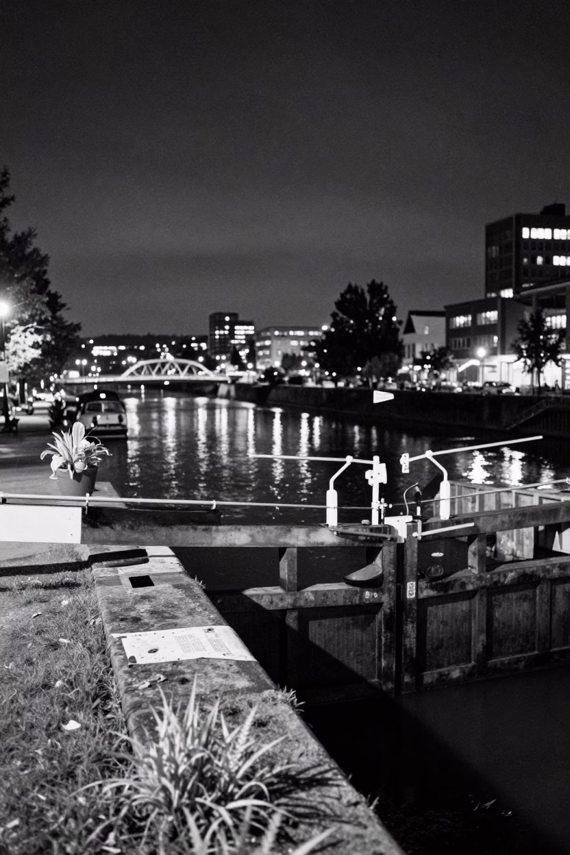 Vintage 1950s Portland Night Scene with Horsetail Plants and Canal Lock Gate in in Portland, Oregon, United States