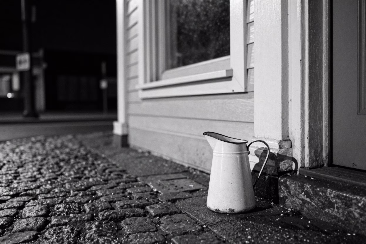 Vintage 1950s Portland Night Street Scene with Enamel Pitcher and District Heating Pipes in in Portland, Oregon, United States