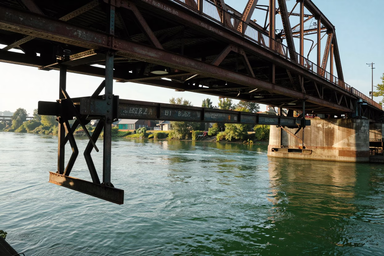 Vintage 1950s Portland Oregon Bridge Maintenance Cradle Over Green Willamette River Late Morning in in Portland, Oregon, United States