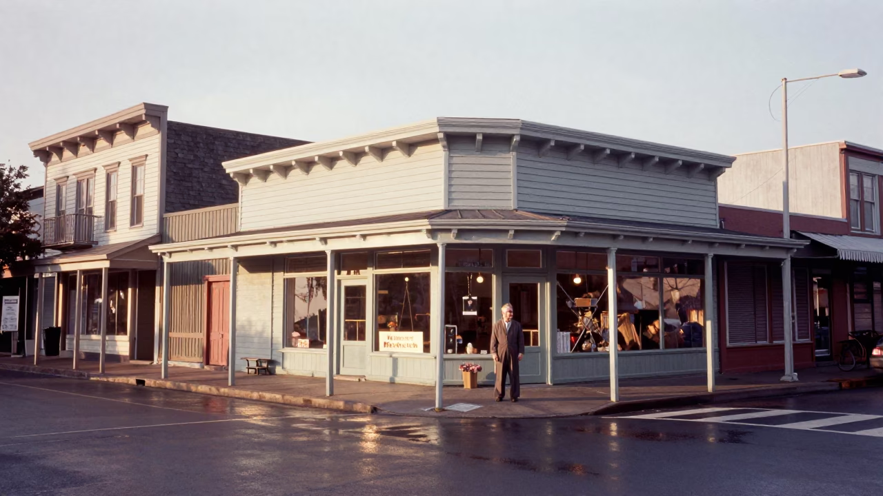 Vintage 1950s Portland Oregon Dawn Street Scene with Local Shopkeeper and Linen Curtains in in Portland, Oregon, United States
