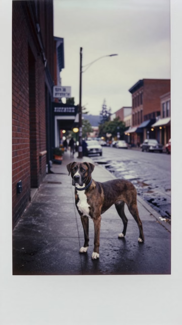 Vintage 1950s Portland Oregon Evening Street Scene with Bracco Italiano Dog and Flowering Plant in in Portland, Oregon, United States
