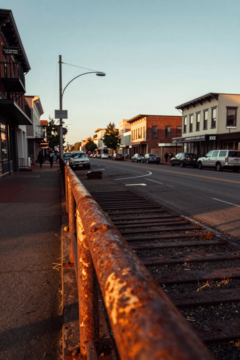 Vintage 1950s Portland Oregon Golden Hour Street Scene with Rusty Rail and Metal Bucket in in Portland, Oregon, United States