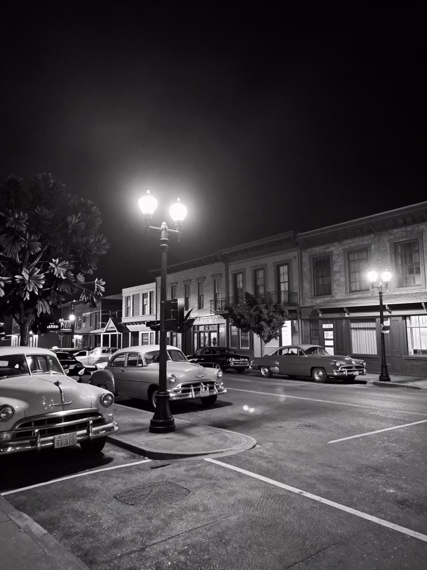 Vintage 1950s Portland Oregon Night Scene with Streetlights and Classic Cars in in Portland, Oregon, United States