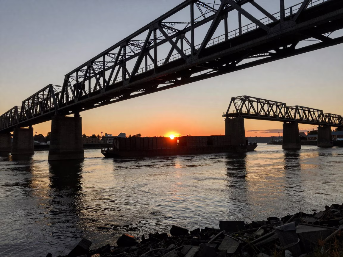 Vintage 1950s Portland Oregon Railroad Bridge Coal Barge Dusk Sunset in in Portland, Oregon, United States