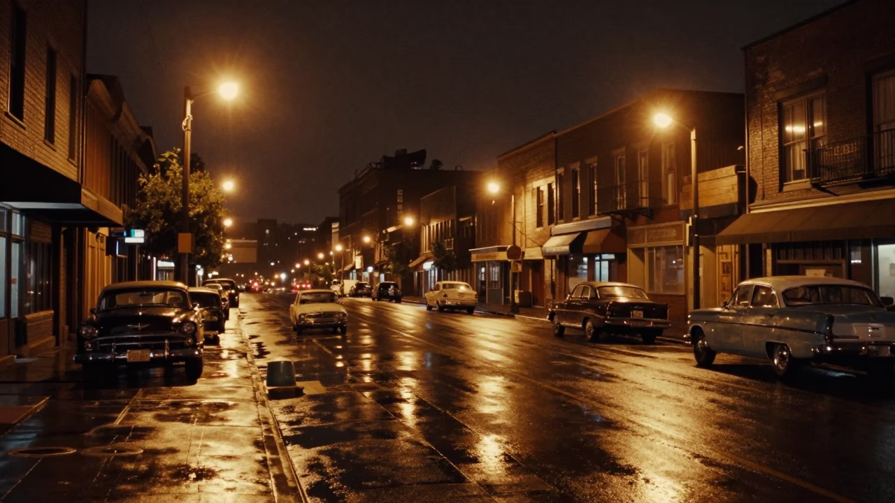 Vintage 1950s Portland Oregon Street Scene at Night with Wet Pavement Reflections in in Portland, Oregon, United States