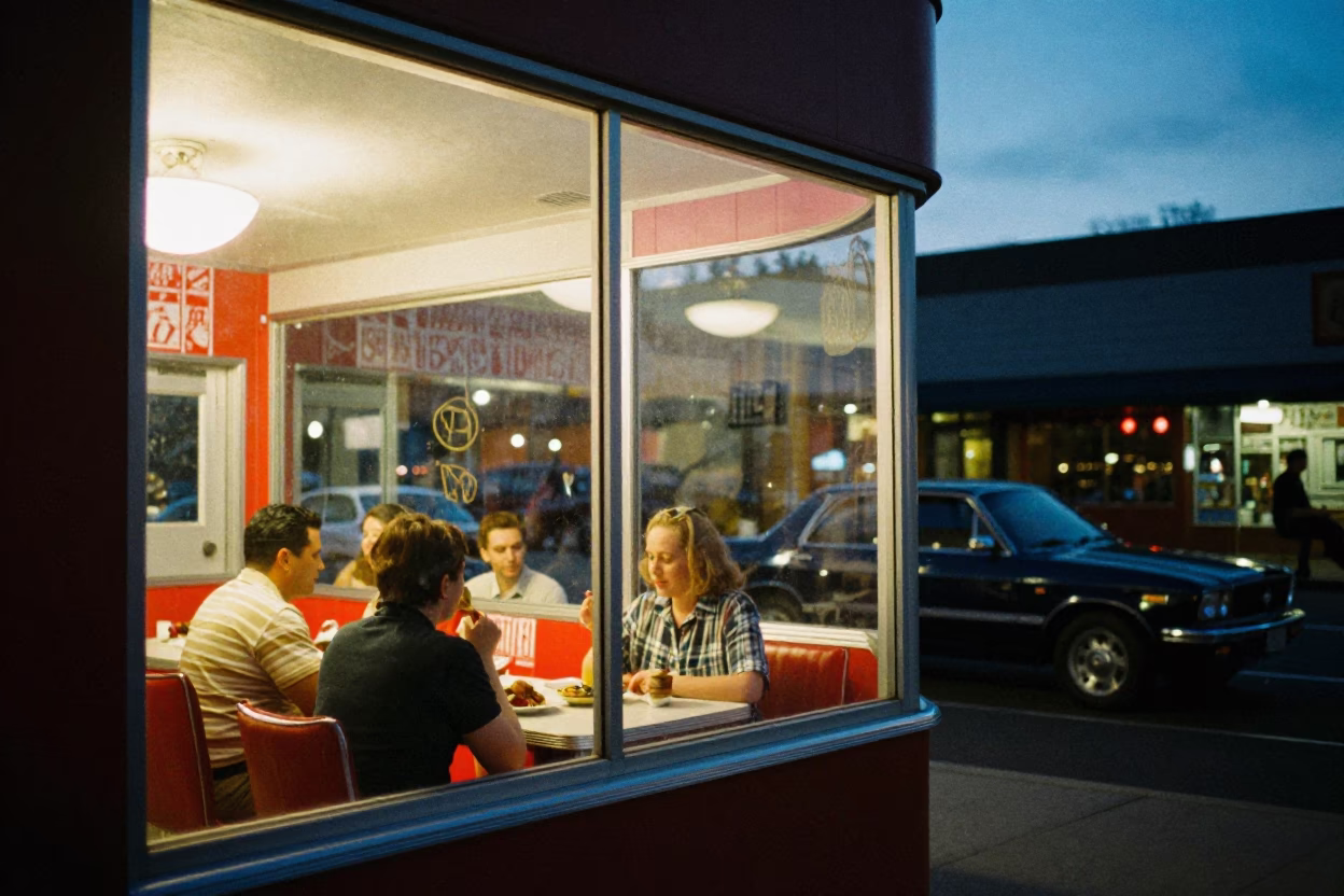Vintage 1950s Portland Oregon Street Scene Early Evening Diner Interior in in Portland, Oregon, United States