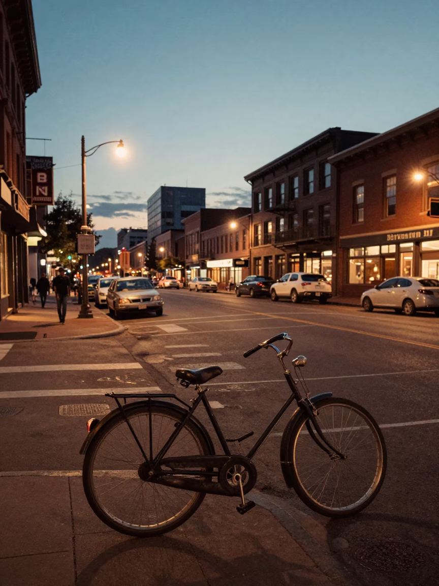 Vintage 1950s Portland Oregon Street Scene with Bicycle and City Lights in in Portland, Oregon, United States