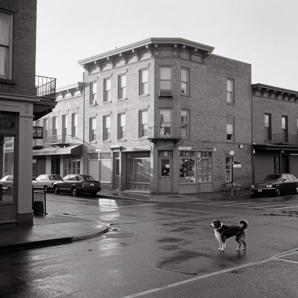 Vintage 1950s Portland Oregon Street Scene with Estrela Mountain Dog After Sunrise in in Portland, Oregon, United States