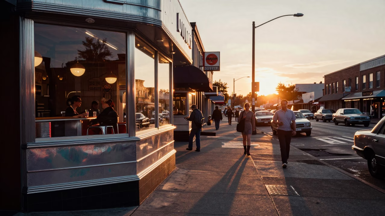 Vintage 1950s Portland Oregon Street Scene with Glossy Enamel Surfaces at Sunset in in Portland, Oregon, United States