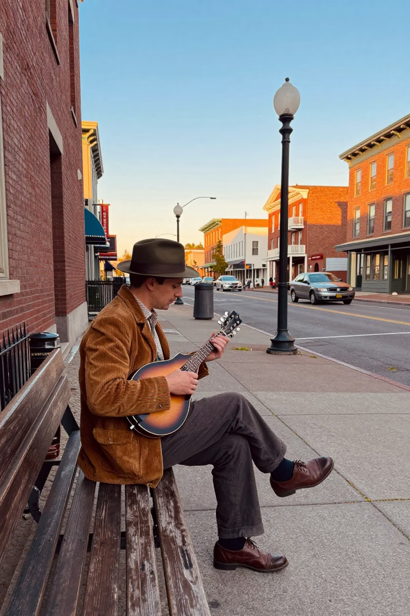 Vintage 1950s Portland Oregon Street Scene with Mandolin Player and Sketchbook at Golden Hour in in Portland, Oregon, United States
