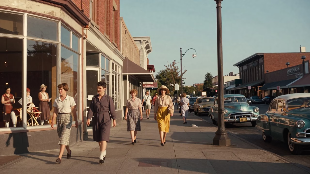 Vintage 1950s Portland Oregon Street Scene with Pedestrians and Classic Architecture in in Portland, Oregon, United States
