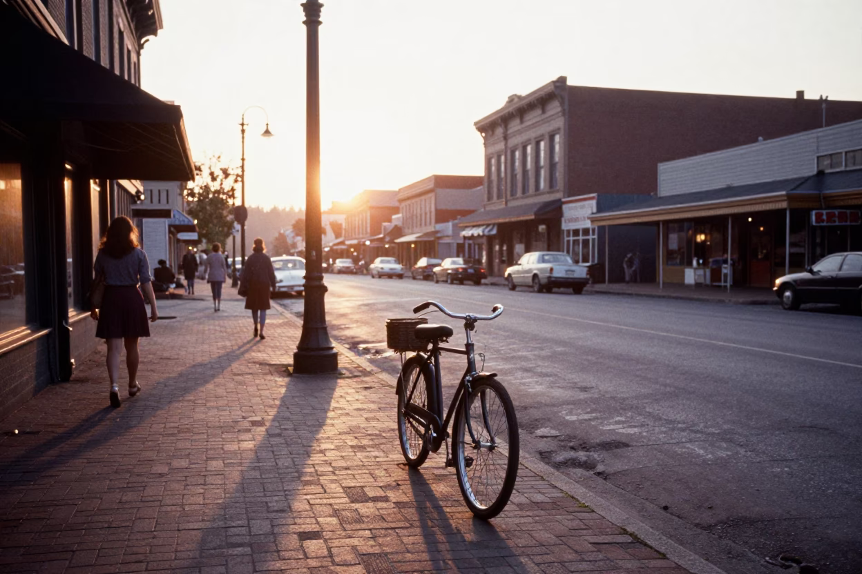 Vintage 1950s Portland Oregon Sunrise Street Scene with Bicycle and Melons in in Portland, Oregon, United States