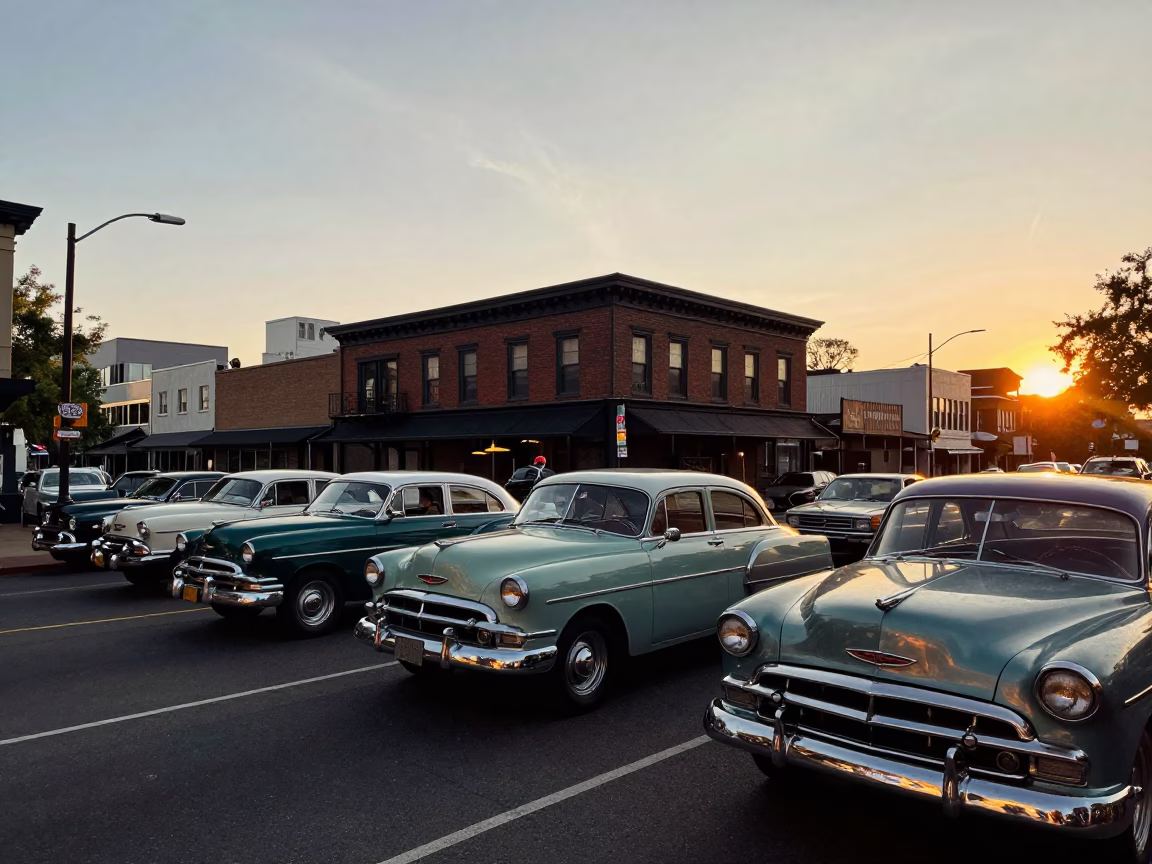Vintage 1950s Portland Oregon Sunset Street Scene with Classic Cars and Pedestrians in in Portland, Oregon, United States