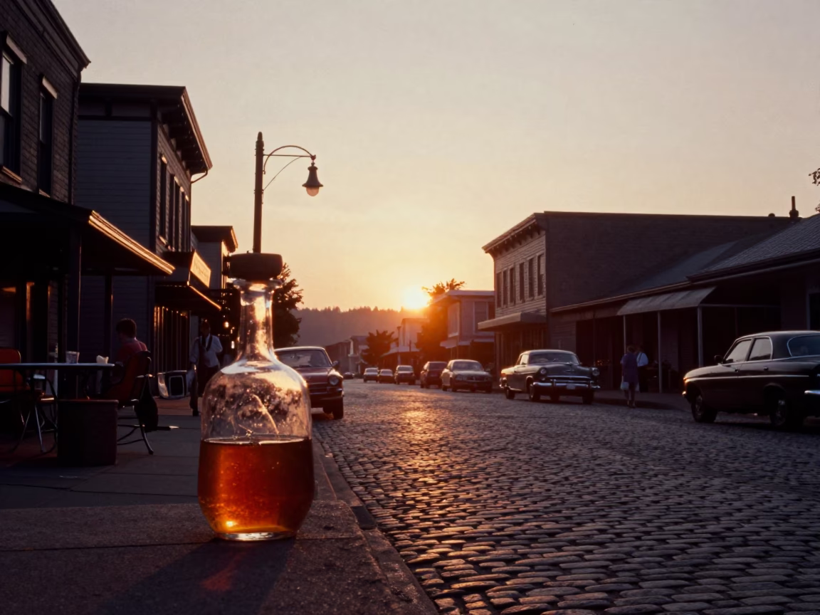 Vintage 1950s Portland Oregon Sunset Street Scene with Decanter and Local Interaction in in Portland, Oregon, United States