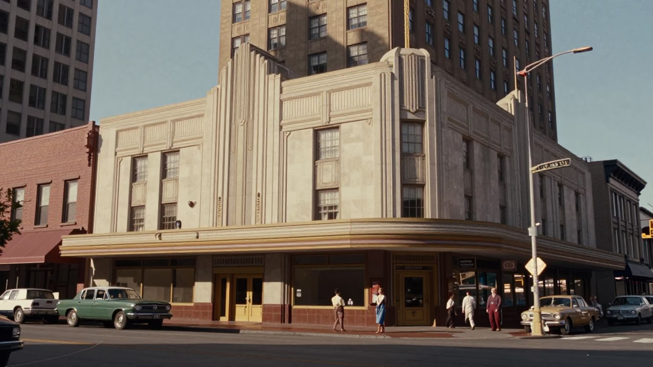 Vintage 1950s Portland Street Scene with Art Deco Hotel Facade and Casual Afternoon Activity in in Portland, Oregon, United States